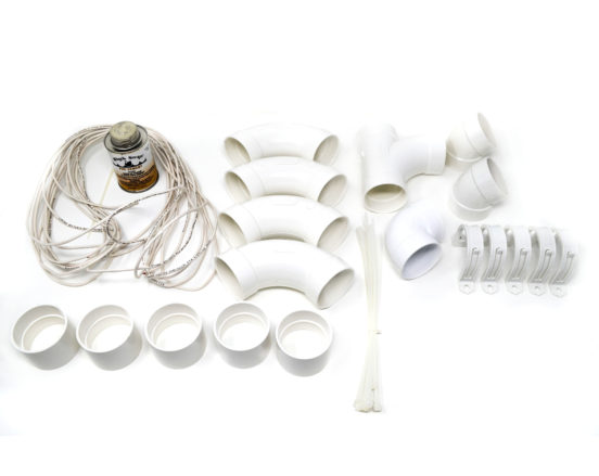 1 inlet Easy installation kit including PVC Ells, Tees, and Couplers; wire clips and 100 foot Low voltage Wire