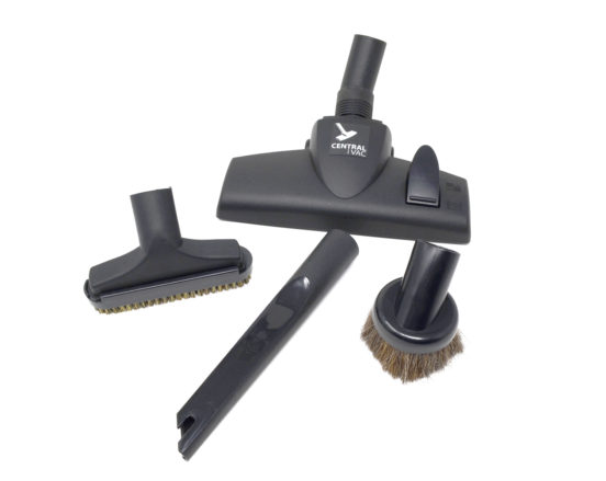 Deluxe central vacuum attachment kit with dusting brush, crevice, upholstery, and combination floor tools