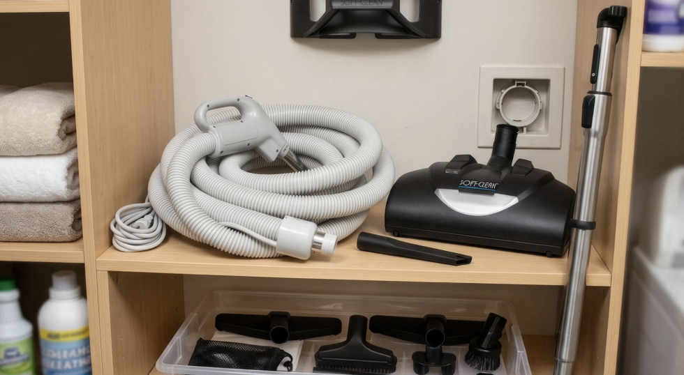 Assortment of central vacuum accessories including hoses, brushes, and attachments